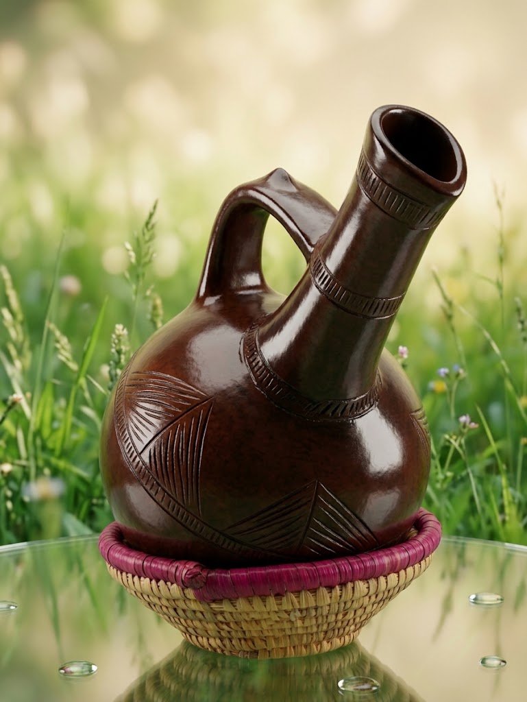 The coffee ceremony: a clay jebena over coals with small cups