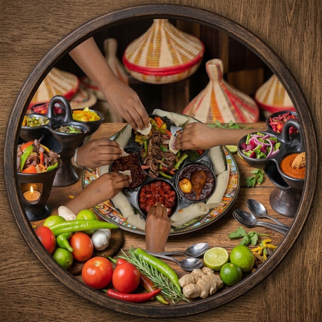 A shared injera platter laid with stews and greens